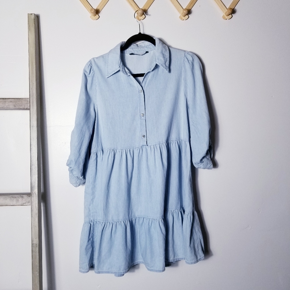 ZARA TIERED LIGHTWASHED JEAN BUTTON DOWN DRESS SIZE MEDIUM